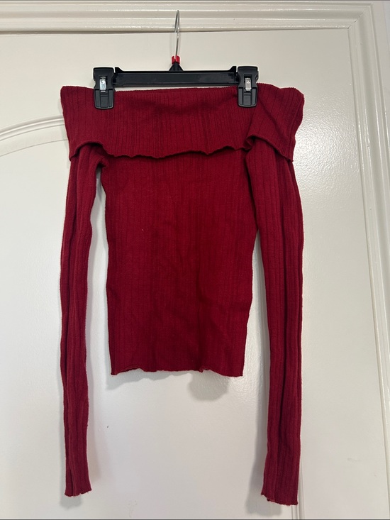 Sweaters - Off-Shoulder Ribbed Knit Top - Deep Red